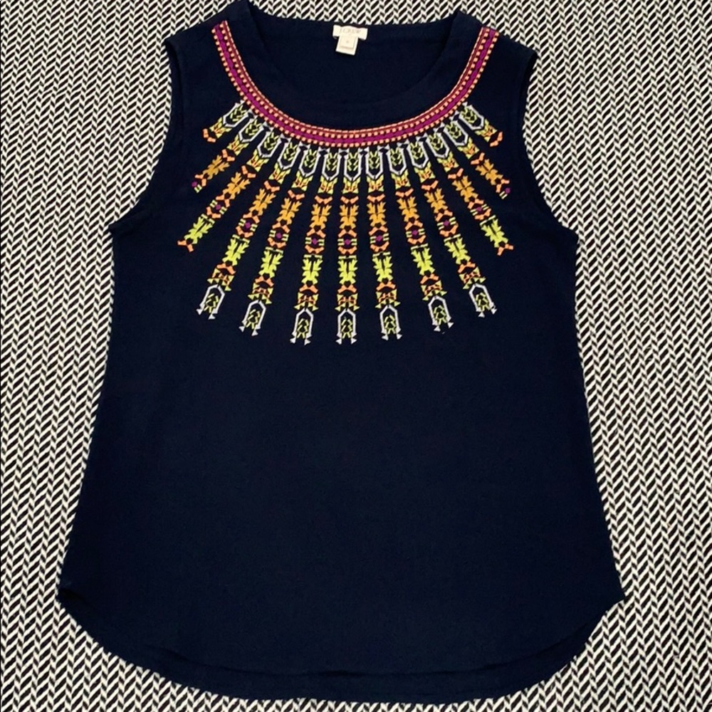 JCrew Navy Embroidered Tank in Poly Crepe Office